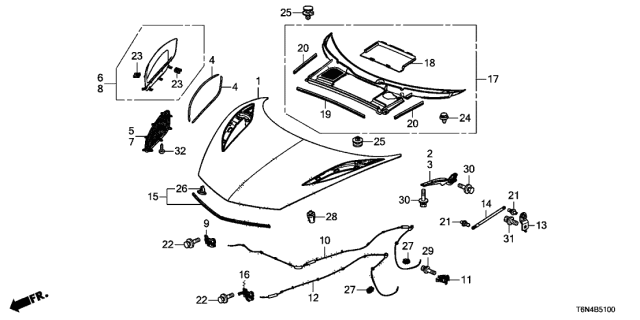 2020 Acura NSX Passenger Side Hood Wire Assembly Diagram for 74130-T6N-A00