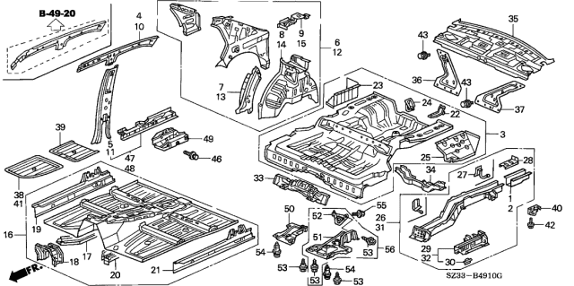 2001 Acura RL Crossmember, Rear Floor Diagram for 65750-SZ3-G01ZZ