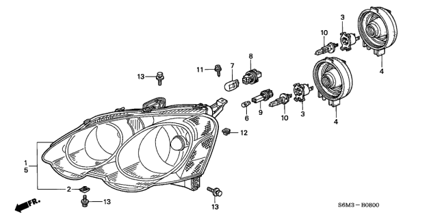 2004 Acura RSX Driver Side Headlight Lens/Housing Diagram for 33151-S6M-A01