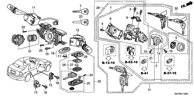 2007 Acura TL Cylinder Set, Key Diagram for 06350-SEP-A20