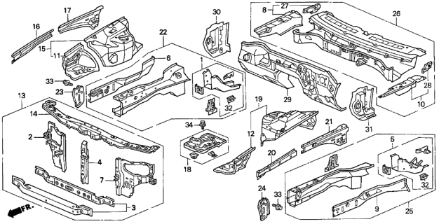 1997 Acura TL Front Radiator Support Bulkhead Diagram for 60400-SZ5-A01ZZ