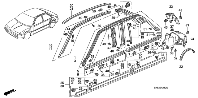 1990 Acura Integra Rear Wheel Arch Protector Diagram for 74430-SH3-A00