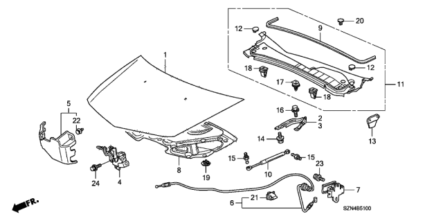 2012 Acura ZDX Wire Assembly,Hood Diagram for 74130-SZN-A00