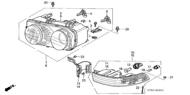 1994 Acura Integra Right Headlight Assembly Diagram for 33100-ST7-A01