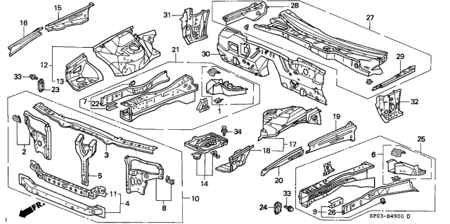 1993 Acura Legend Panel Set, Right Front Bulkhead Diagram for 04601-SP0-300ZZ