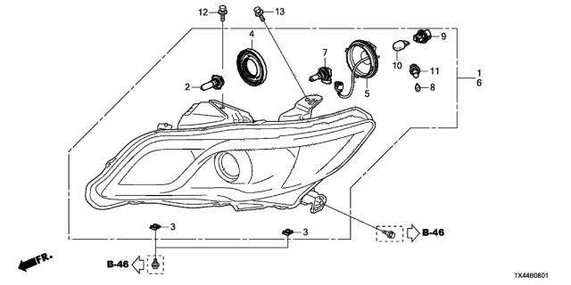 2014 Acura RDX Headlight Assembly Passenger Side Diagram for 33100-TX4-A12
