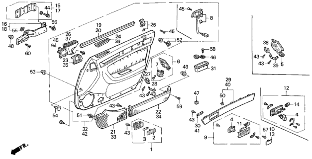 1993 Acura Vigor Right Front Door Inside Handle Assembly Diagram for 72120-SL4-023