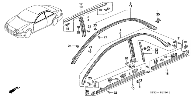 2001 Acura Integra Molding, Driver Side Center Diagram for 72575-ST8-003
