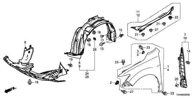 2013 Acura RDX Right Front Fender Assembly (Inner) Diagram for 74100-TX4-A00