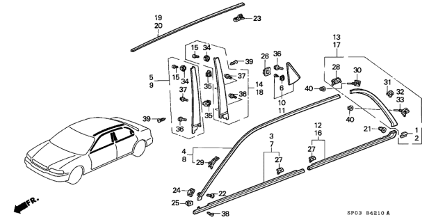 1991 Acura Legend Molding Assembly, Passenger Side Roof Diagram for 74306-SP0-A00