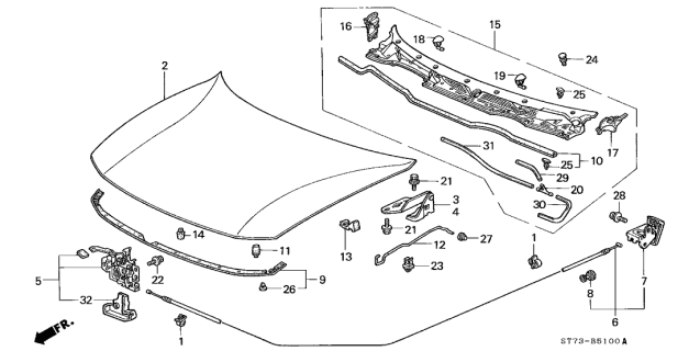 1995 Acura Integra Hood Lock Assembly Diagram for 74120-ST7-A01