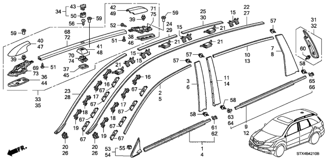 2012 Acura MDX Molding - Roof Rail Diagram