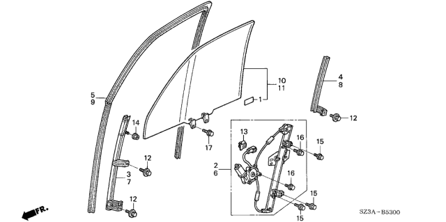 2004 Acura RL 4 Door RL (NAVIGATION) KA 4AT Front Door Windows Diagram