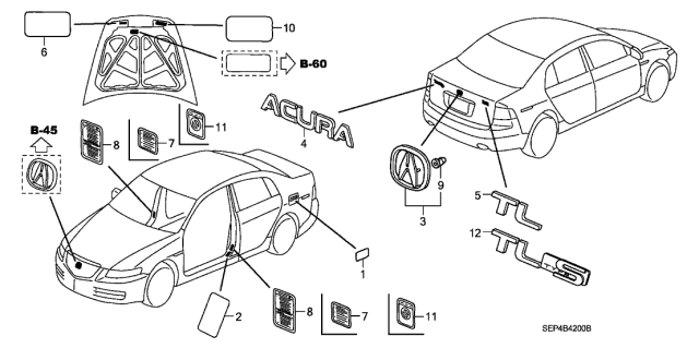 2004 Acura TL 4 Door BASE (NAVIGATION) KA 5AT Emblems - Caution Labels Diagram
