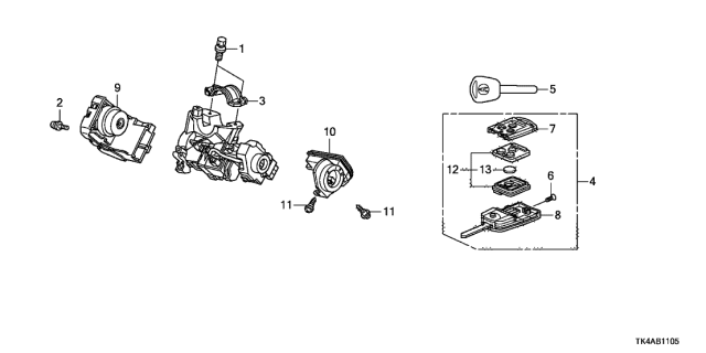 2014 Acura TL 4 Door BASE (3.7) KA 6AT Key Cylinder Components Diagram