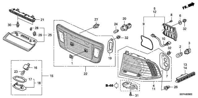 2008 Acura TL Rear Left Tail Light Lamp Diagram for 33551-SEP-A22