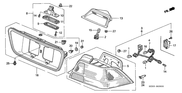 1996 Acura RL Rear License Plate Bracket Pocket Mount Assembly (Eucalyptus Green Pearl) Diagram for 74890-SZ3-A00ZB