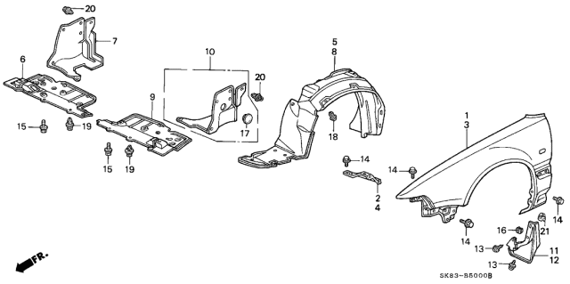 1992 Acura Integra Right Front Fender Panel Diagram for 60211-SK7-A00ZZ