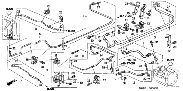 2001 Acura NSX 2 Door NSX-T KA 4AT A/C Hoses - Pipes Diagram