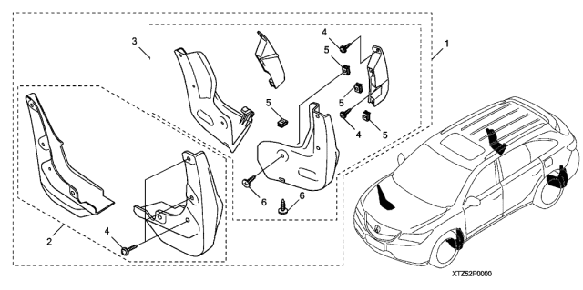2014 Acura MDX 5 Door BASE KA 6AT Splash Guards Diagram