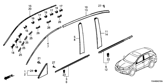 2014 Acura RDX Molding, Driver Side Drip Side Diagram for 73163-TX4-A01