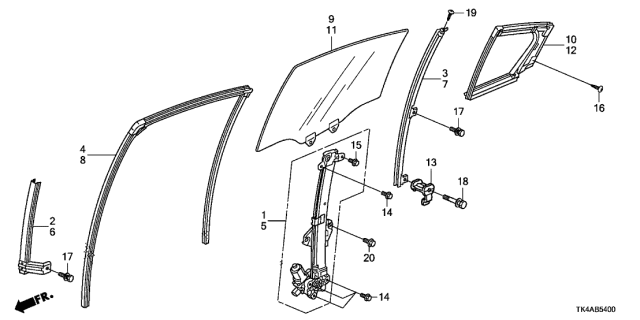 2013 Acura TL 4 Door BASE KA 6AT Rear Door Glass - Regulator Diagram