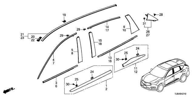 2019 Acura RDX Right Front Door Sash Molding Assembly Diagram for 72425-TJB-A11