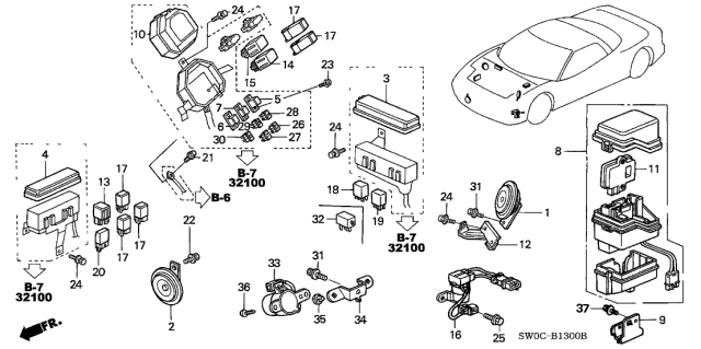 2003 Acura NSX 2 Door NSX-T KA 4AT Control Unit (Relay - Fuse) Diagram
