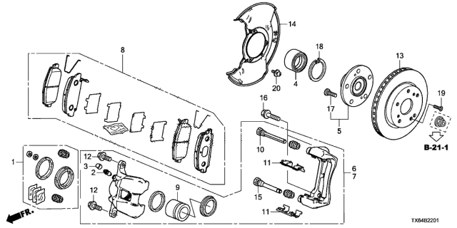 2016 Acura ILX Left Front Disc Brake Caliper Sub-Assembly Diagram for 45019-T6L-H00