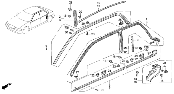 1992 Acura Vigor Retainer Assembly, Passenger Side Center Diagram for 72385-SL4-003