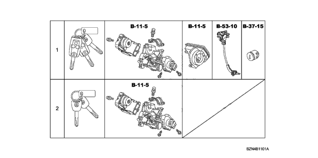 2010 Acura ZDX 5 Door BASE KA 6AT Key Cylinder Set Diagram