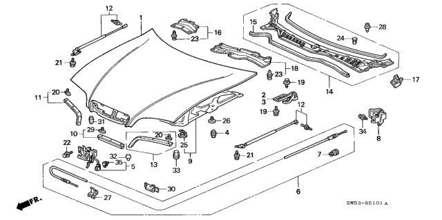 1996 Acura TL Rubber, Hood Seal Diagram for 74142-SZ5-000