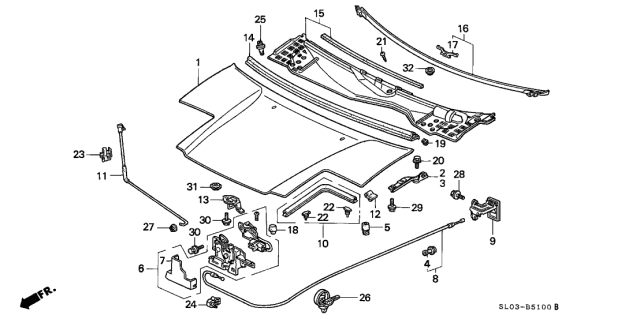 1999 Acura NSX 2 Door NSX-T KA 6MT Hood Diagram