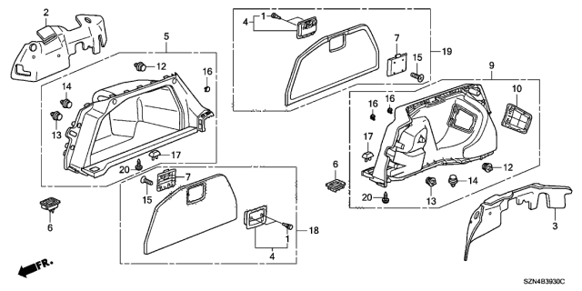 2013 Acura ZDX Insulator, Left Rear Wheelhouse Diagram for 74671-SZN-A00