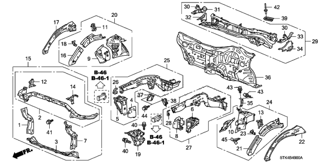 2011 Acura RDX Left Front Bulkhead Side Stay Set Diagram for 04611-STK-A00ZZ