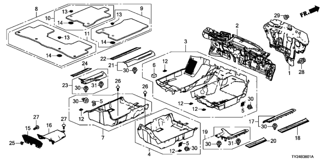 2014 Acura RLX Carpet Assembly, Right Rear Floor (Mat Seacoast) Diagram for 83302-TY3-A01ZA