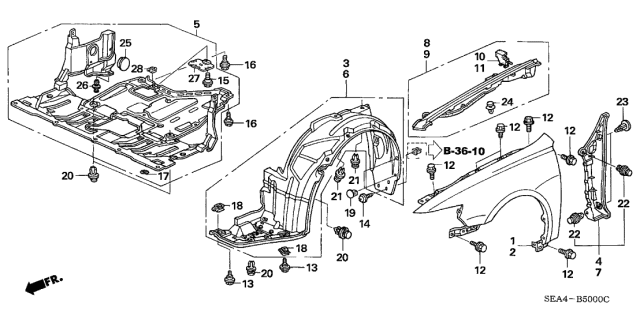 2004 Acura TSX Passenger Side Front Fender Assembly Diagram for 60211-SEA-A90ZZ