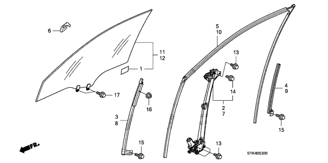 2012 Acura RDX Clip, Front Door Glass Guide Diagram for 72237-SVA-A00