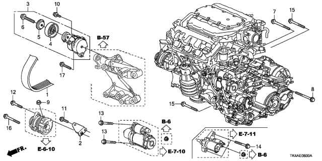 2013 Acura TL 4 Door TECH (SHAWD) KA 6MT Alternator Bracket - Tensioner Diagram