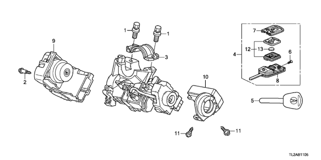 2013 Acura TSX 4 Door TSX V6 KA 5AT Key Cylinder Components Diagram