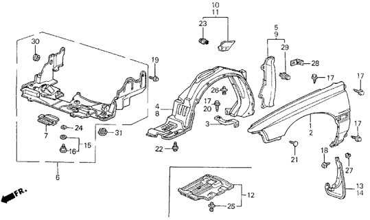 1989 Acura Legend Left Front Splash Guard Diagram for 75810-SG0-010