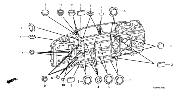 2008 Acura TL 4 Door BASE (NAVIGATION) KA 5AT Grommet Diagram 1