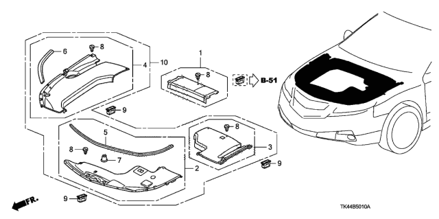2009 Acura TL Passenger Side Damper Garnish Seal Rubber Diagram for 74128-TK4-A01