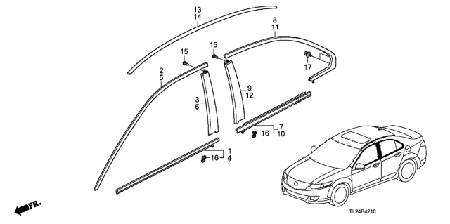 2010 Acura TSX Passenger Side Roof Molding Assembly Diagram for 74306-TL0-E01