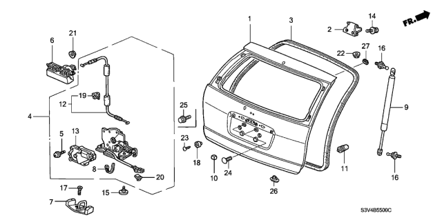 2006 Acura MDX Tailgate Open Stay Assembly Diagram for 74820-S3V-A02