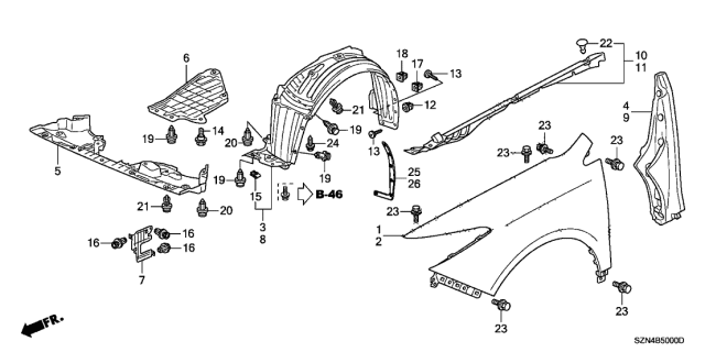 2012 Acura ZDX Fender Front Passenger Right Side Hand Diagram for 60210-SZN-A90ZZ