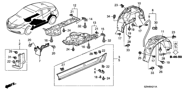 2013 Acura ZDX Rocker Panel And Fender Moulding Clips Compatible Diagram for 91504-SP1-003