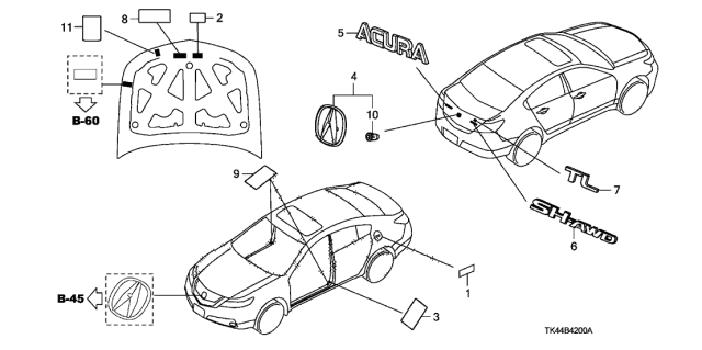 2011 Acura TL 4 Door TECH (AWD) KA 6MT Emblems - Caution Labels Diagram