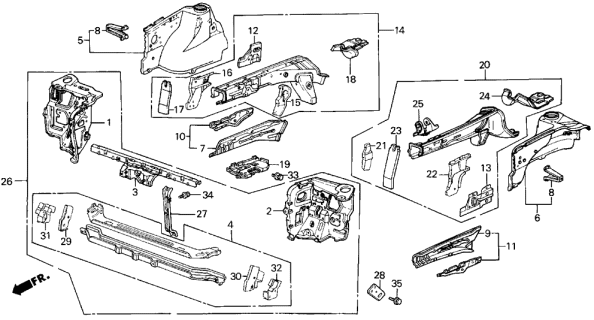 1989 Acura Integra Diagonal, Left Front Side Frame Diagram for 60707-SD2-A00ZZ