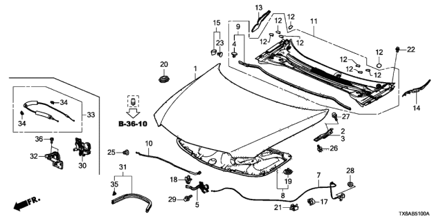 2019 Acura ILX Driver Side Hood Hinge Cover Diagram for 74220-TX6-A00